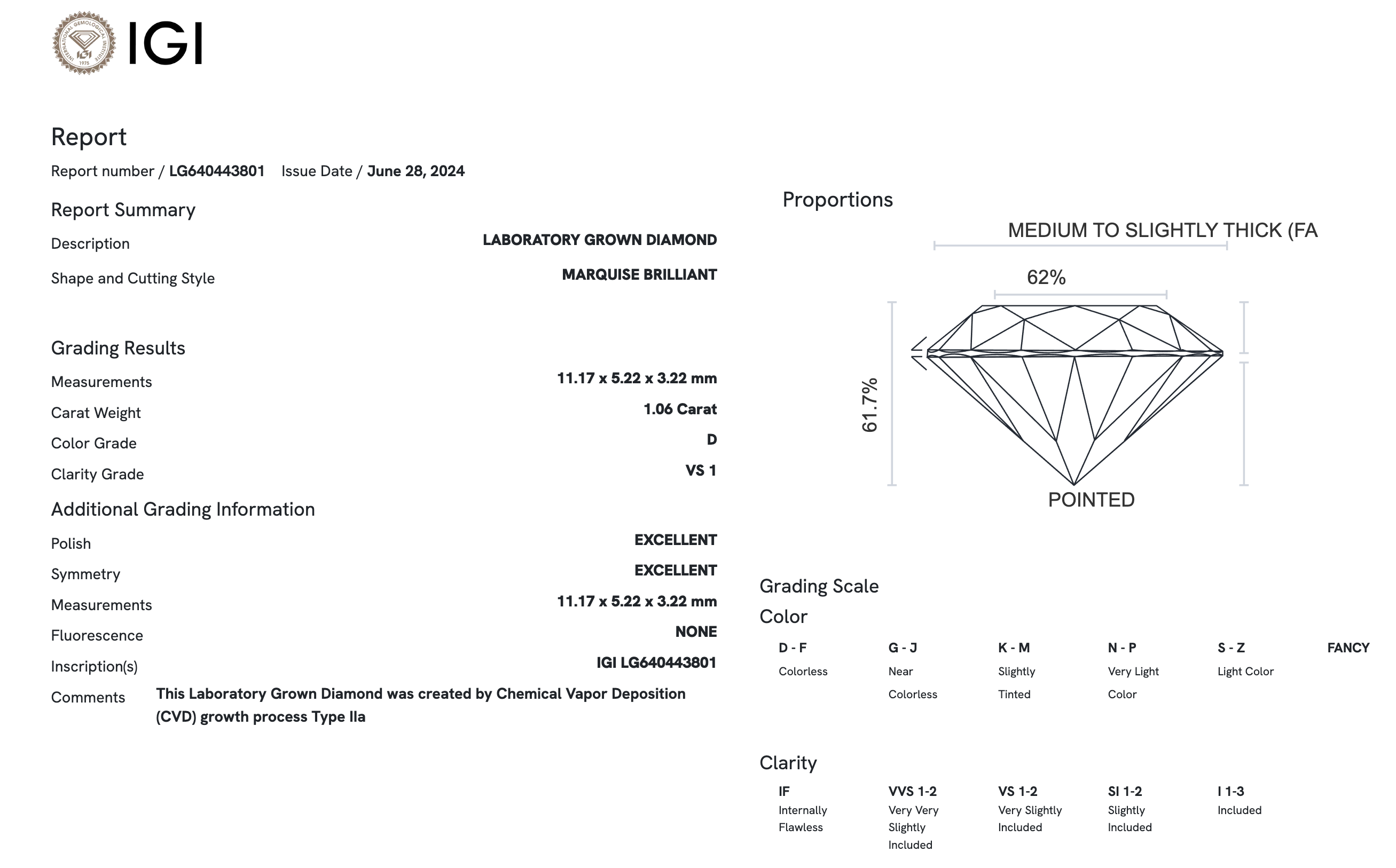 Lab Diamond - Marquis 1.06 D VS1