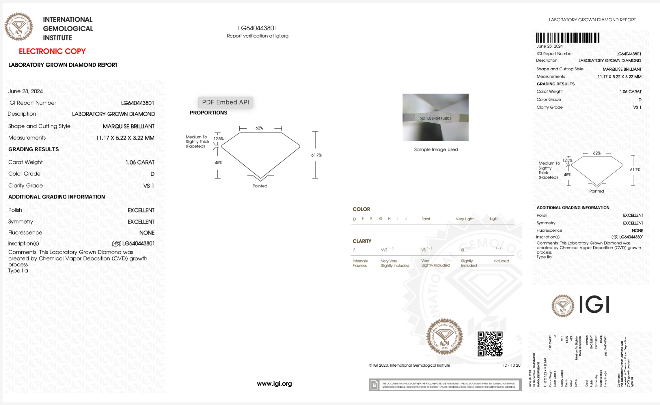 Lab Diamond - Marquis 1.06 D VS1