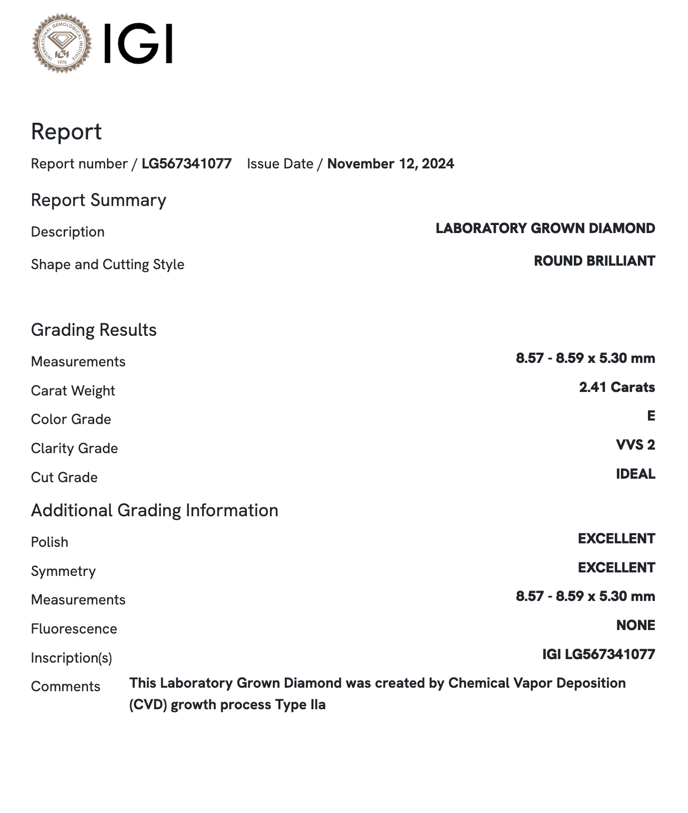 Lab Diamond - Round 2.41 ct E VVS2