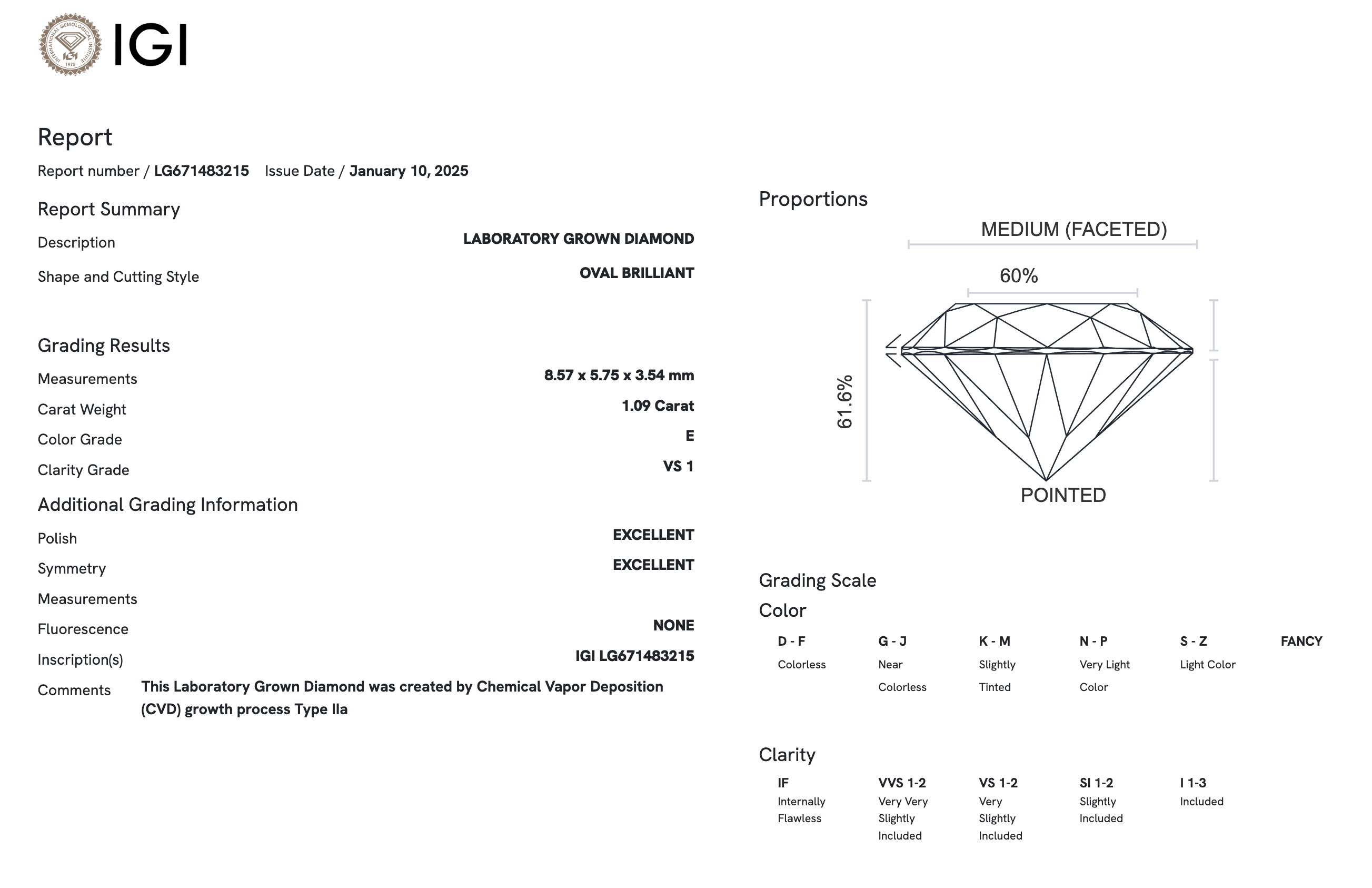 Lab Diamond - Oval 1.09 ct E VS1