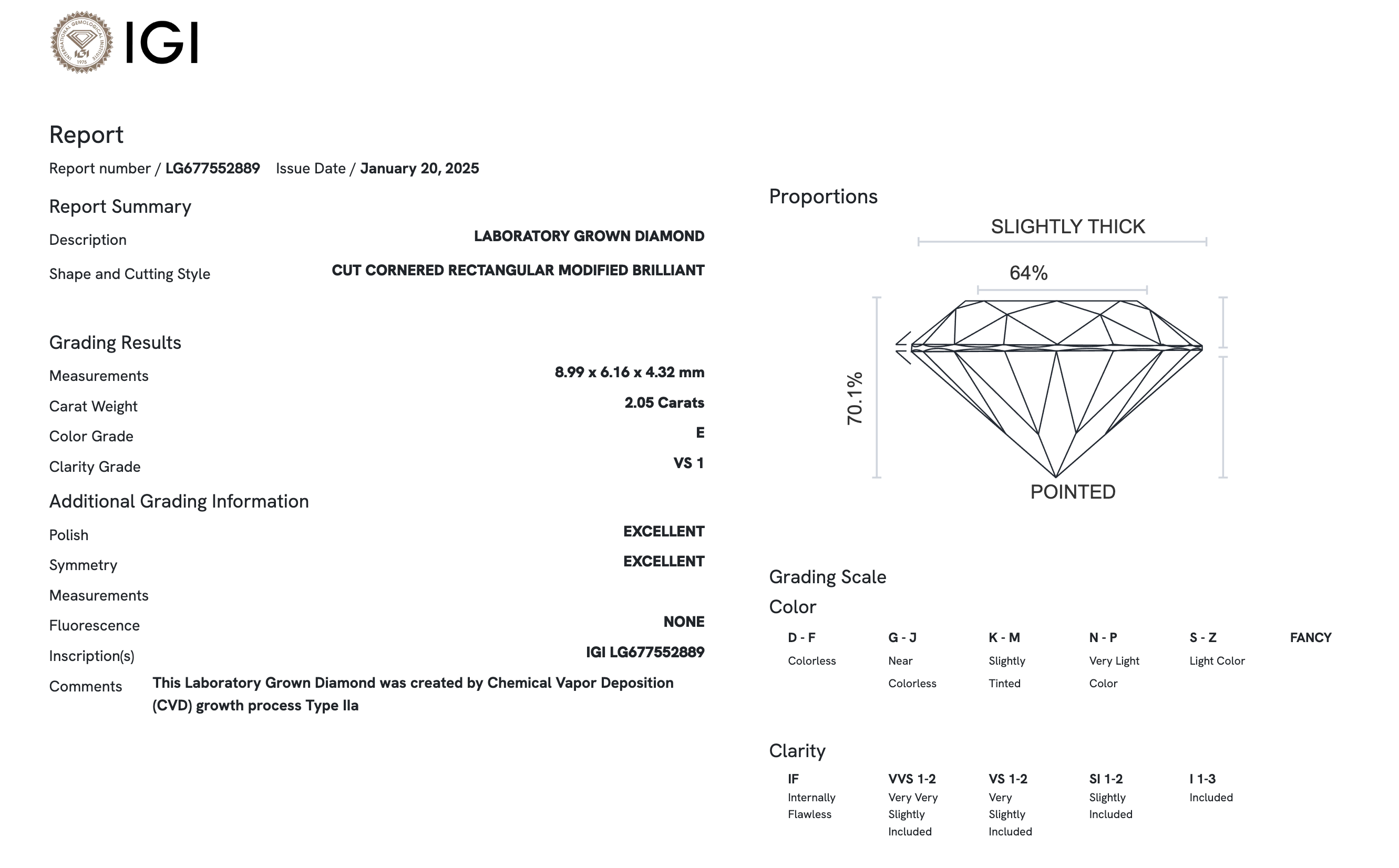 Lab Diamond - Radiant 2.05 ct E VS1