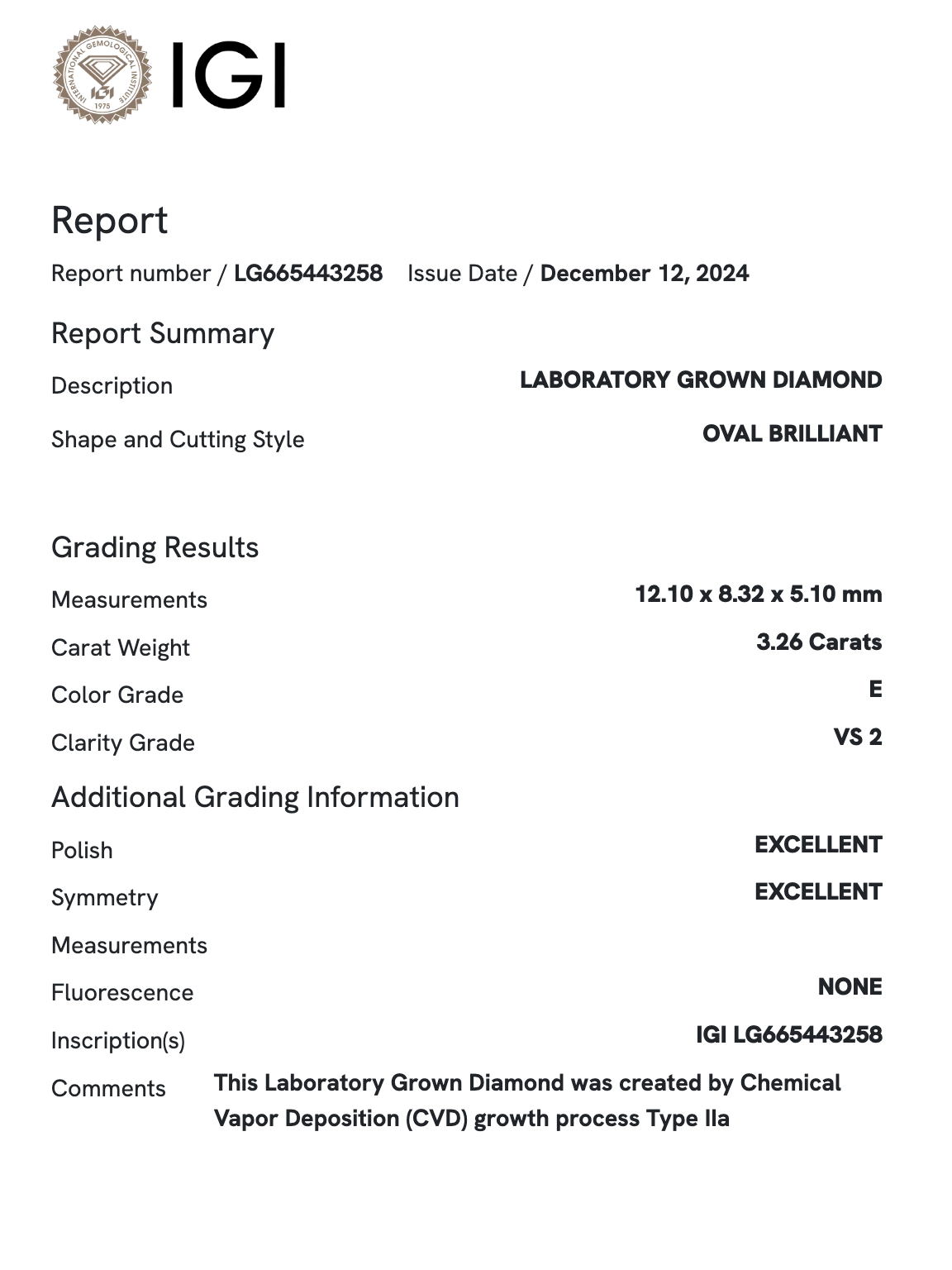 Lab Diamond - Oval 3.26 ct E VS2