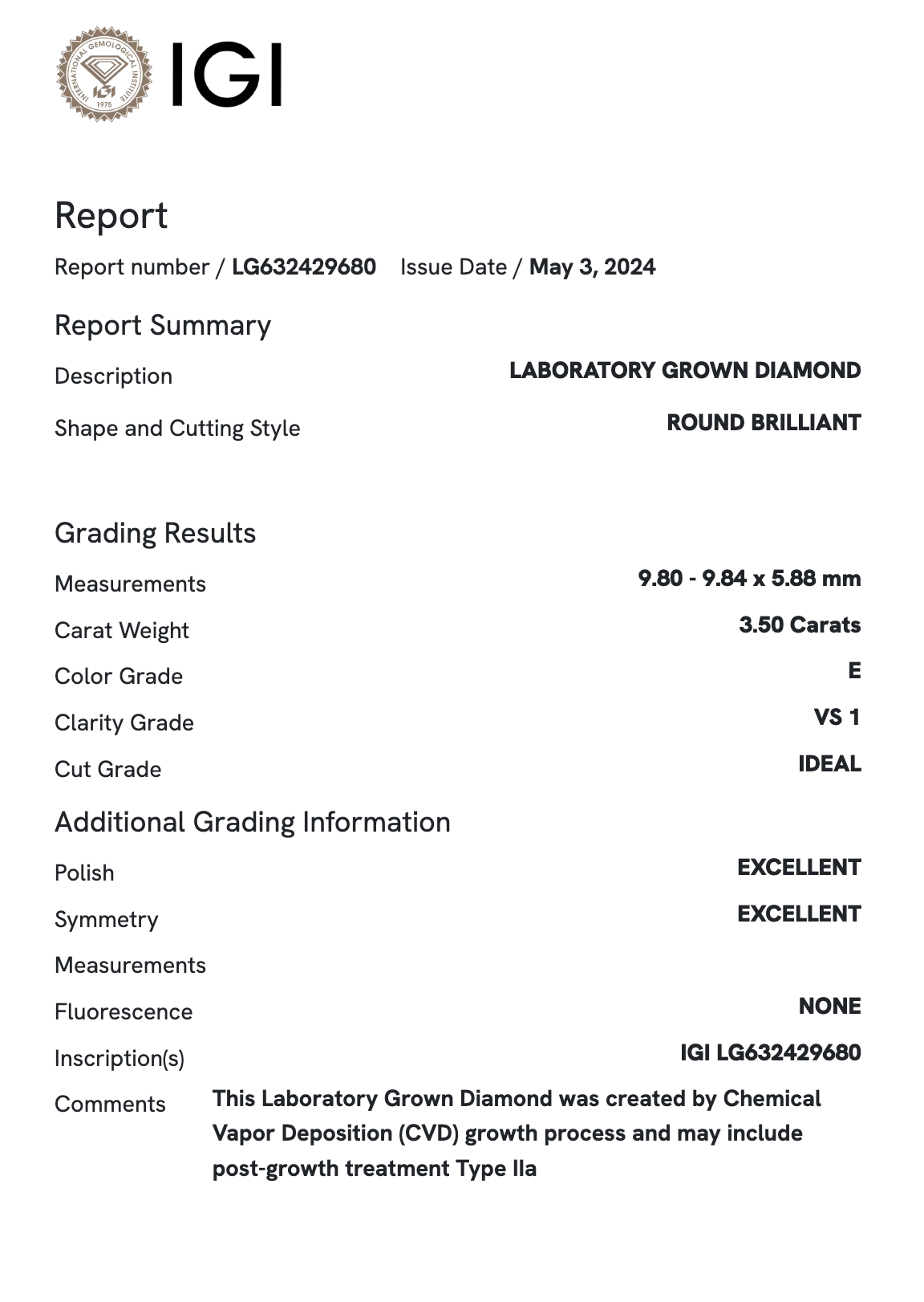 Lab Diamond - Round 3.50 CT E VS1