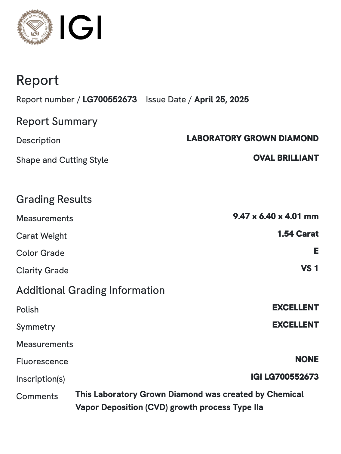 Lab Diamond - Oval 1.54 ct E VS1