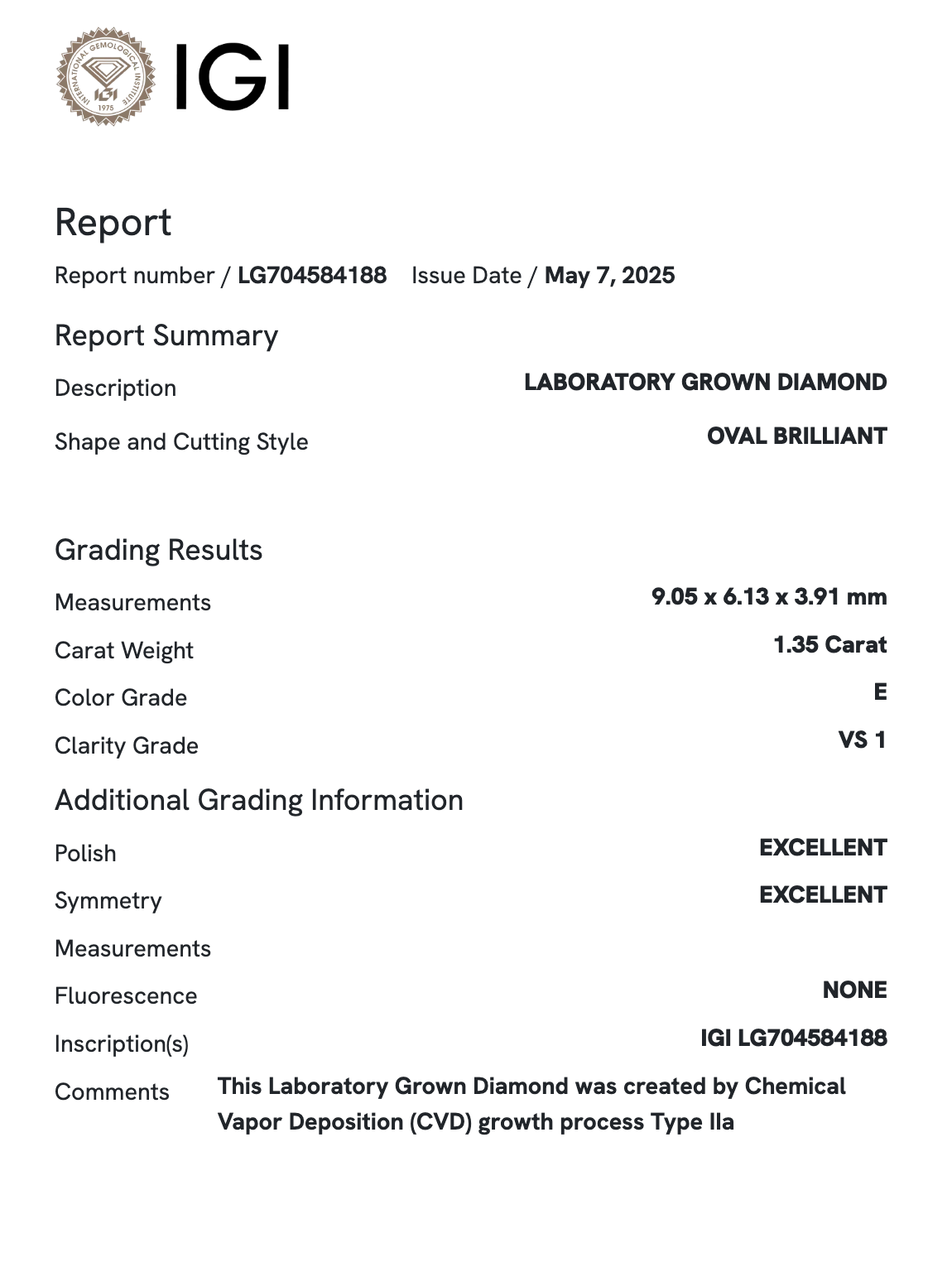 Lab Diamond - Oval 1.35 ct E VS1