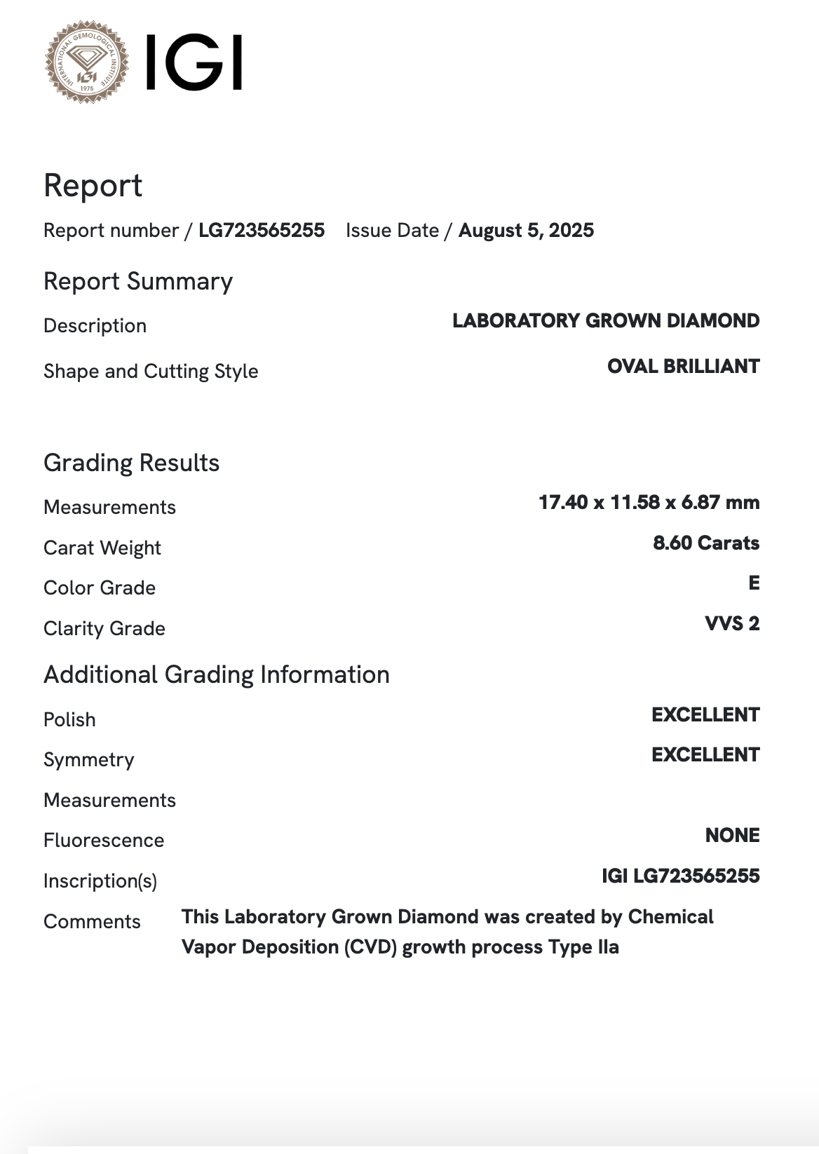 Lab Diamond - Oval 8.60 ct E VVS2