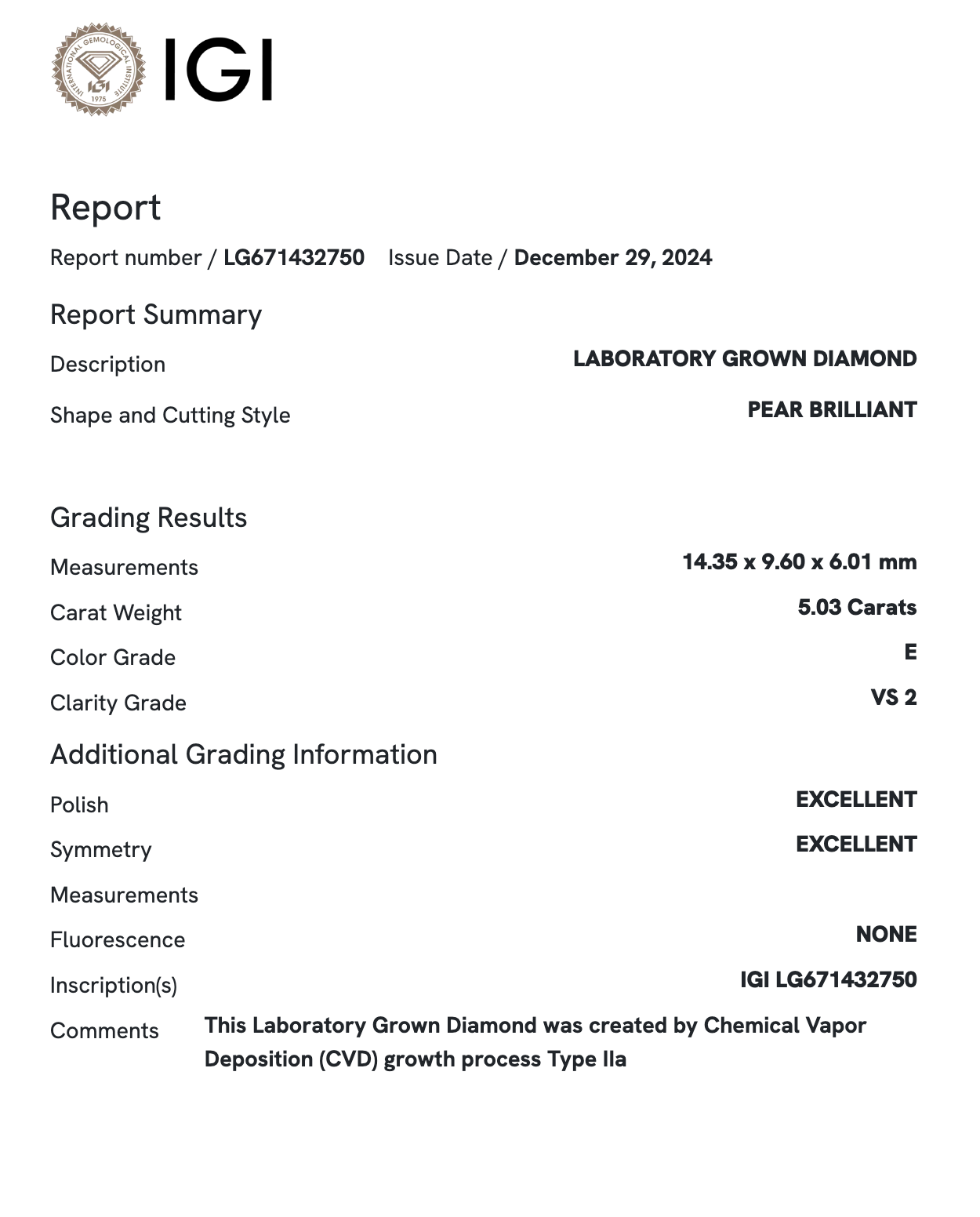 Lab Diamond Solitaire - 5.03 ct E VS2 Pear Cut