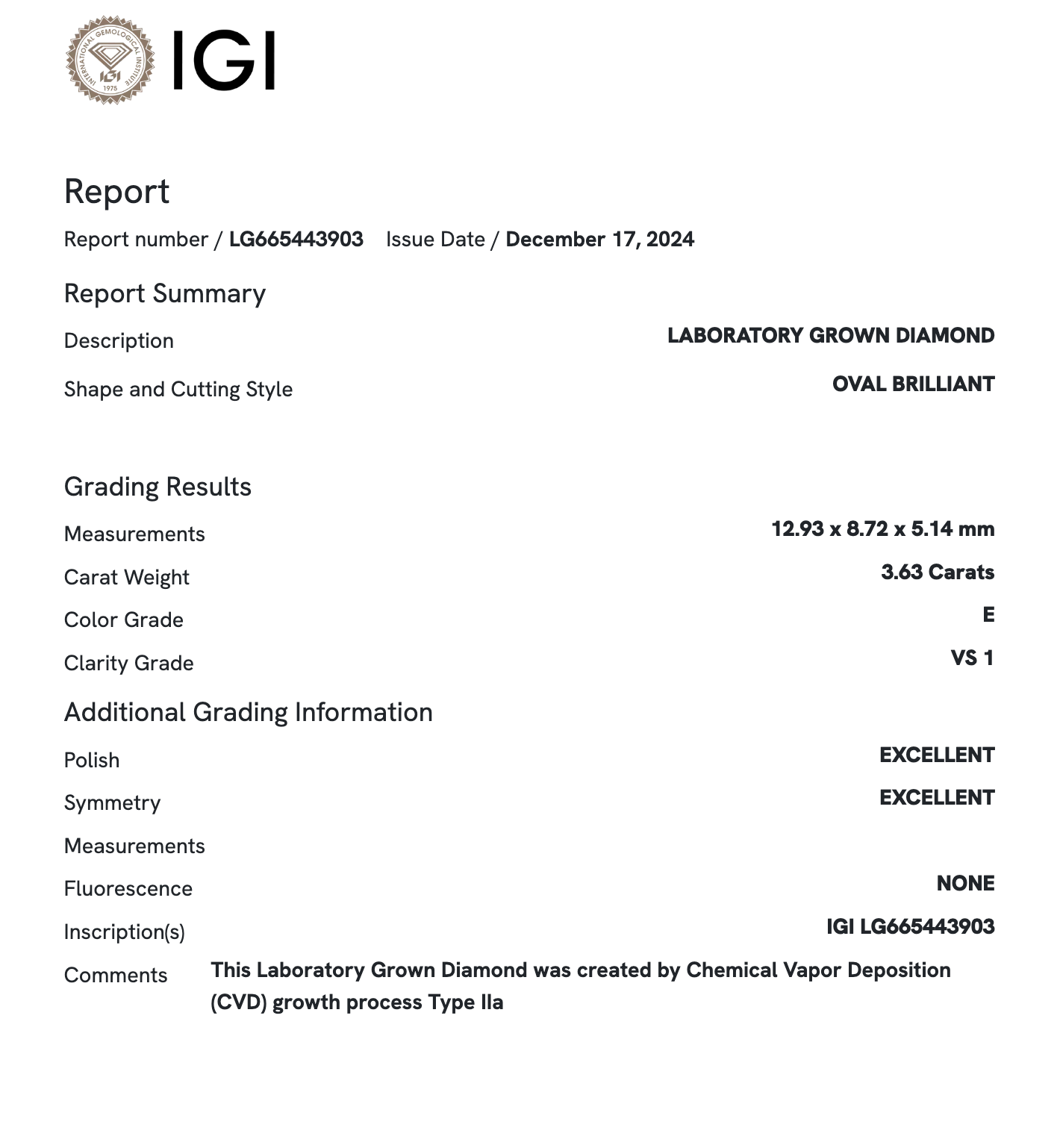 Lab Diamond - Oval 3.63 ct E VS1