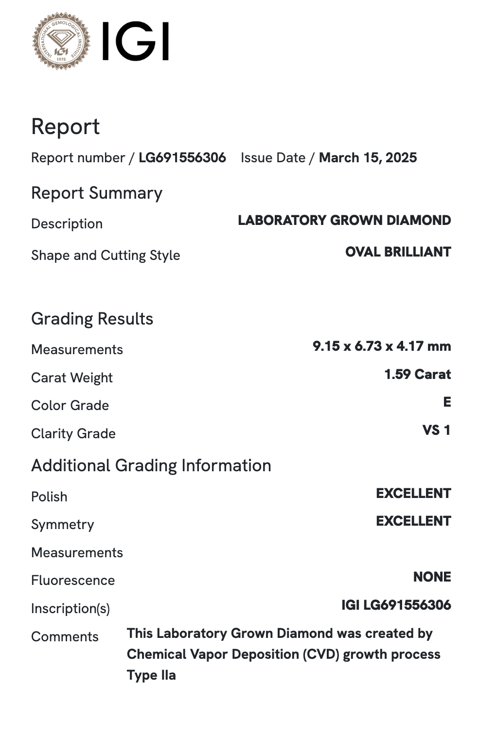 Lab Diamond - Oval 1.59 E  VS1