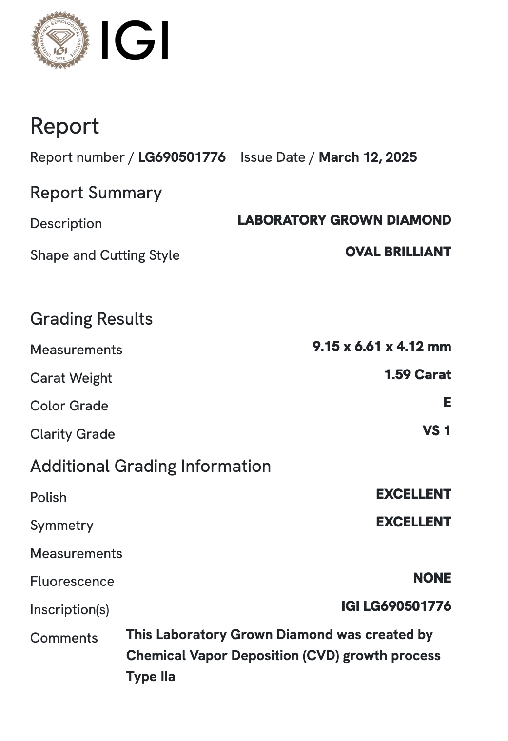 Lab Diamond - Oval   1.59 E VS1
