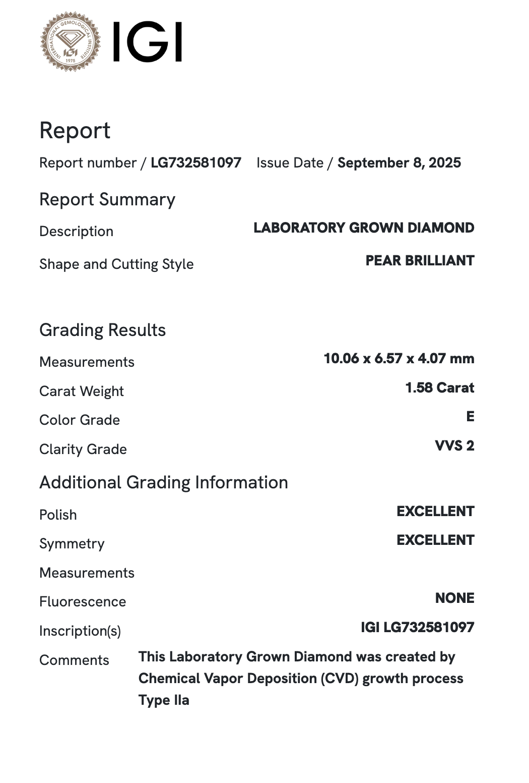 Lab Diamond - Pear 1.58 ct E VVS2