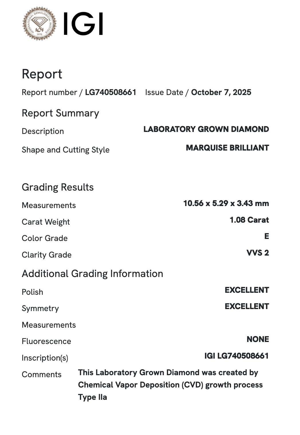 Lab Diamond - Marquis 1.08 ct E VVS2