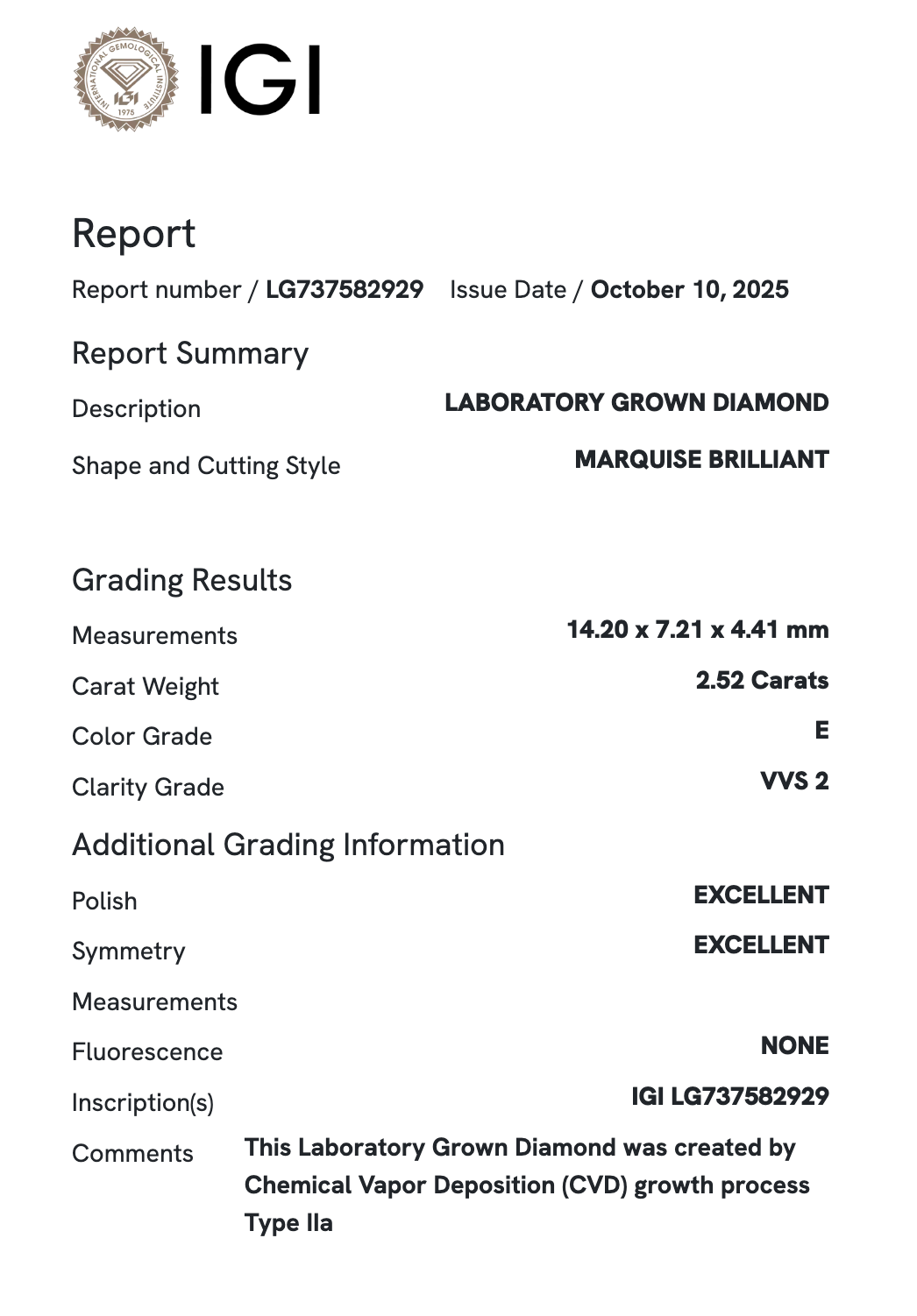 Lab Diamond - Marquis 2.52 ct E VVS2
