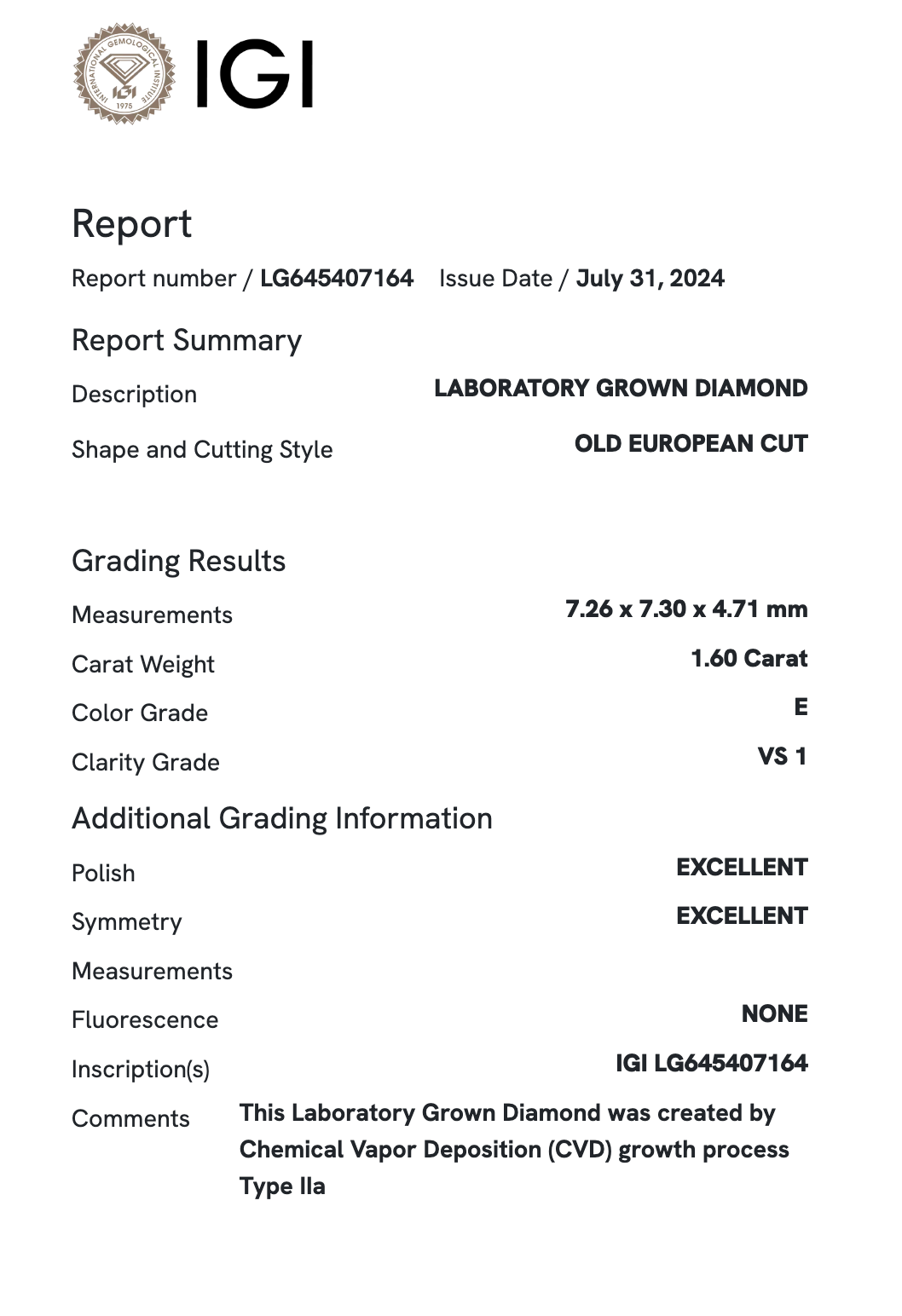 Lab Diamond - Old European Cut Round (OEC) 1.60 E VS1