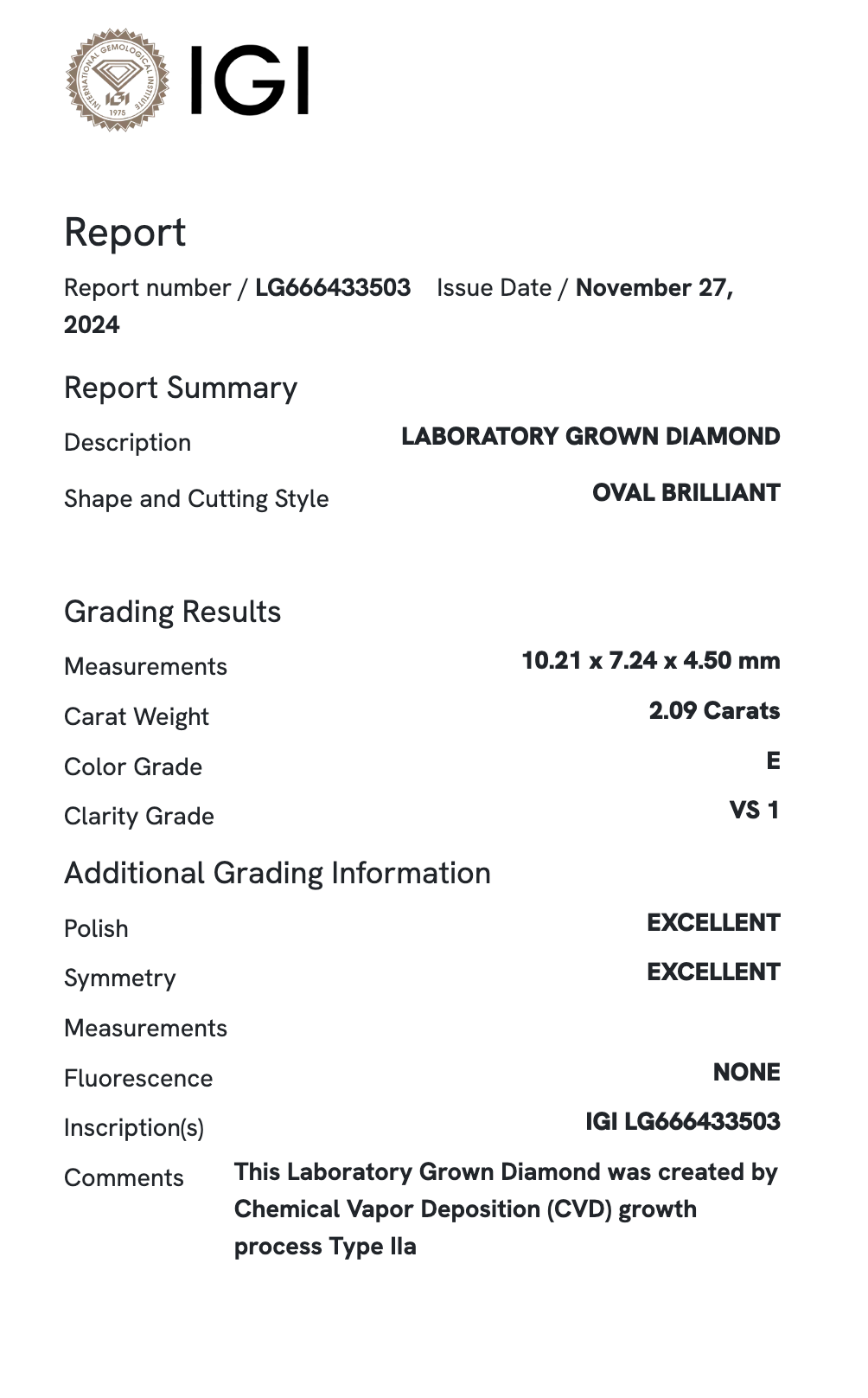 Lab Diamond - Oval 2.09 ct E VS1