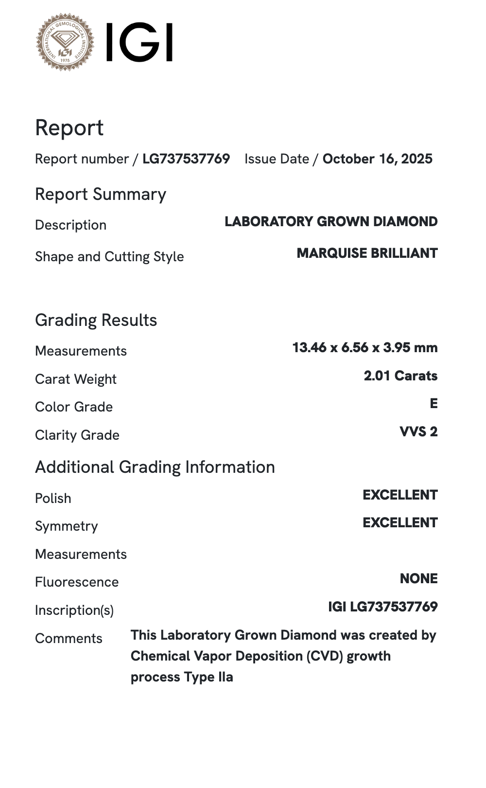 Lab Diamond - Marquis 2.01 ct E VVS2