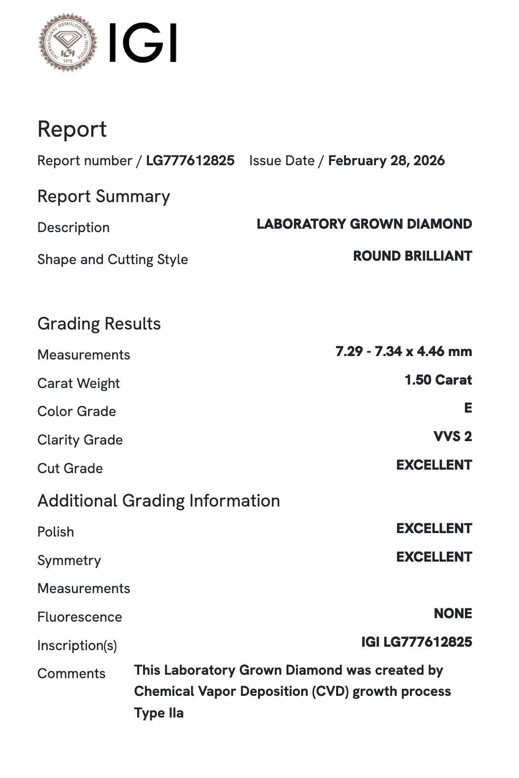 Lab Diamond - Round 1.50 E VVS2