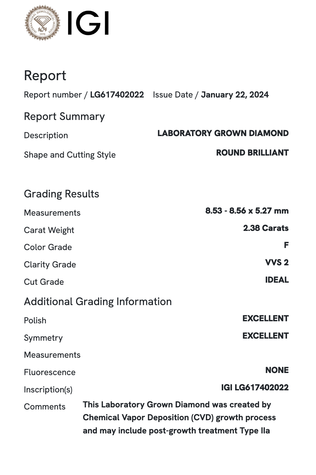 Lab Diamond - Round 2.38 ct F VVS2
