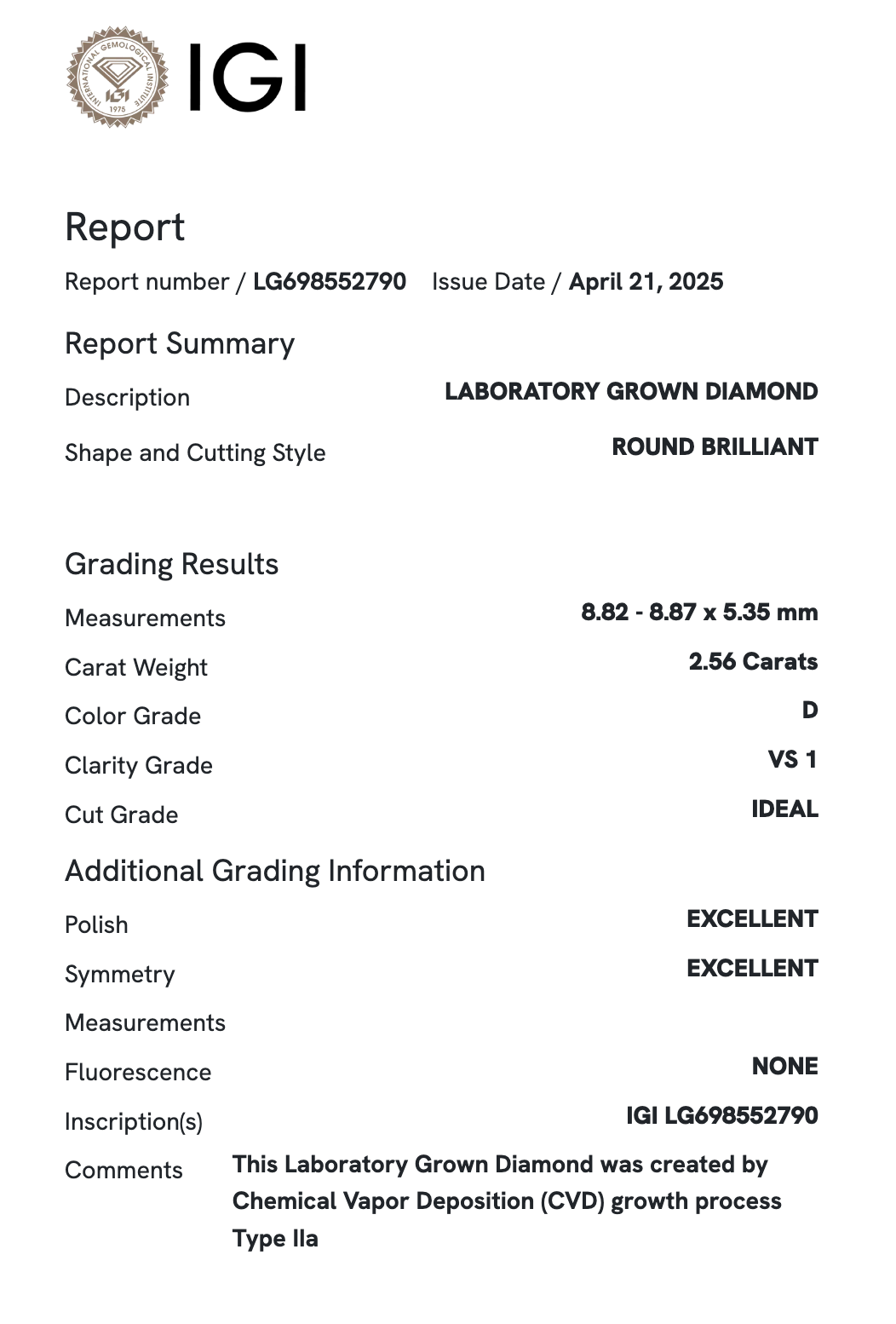 Lab Diamond - Round 2.56 ct D VS1