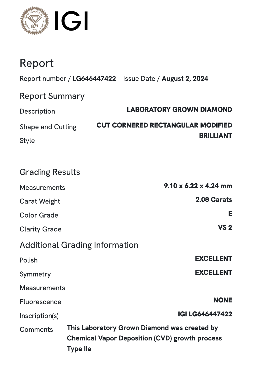 Lab Diamond - Radiant 2.08 ct E VS2