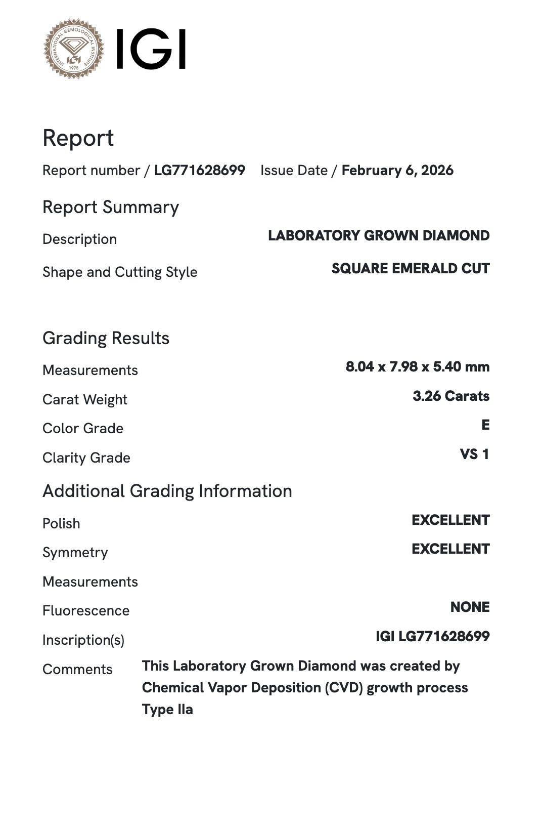 Lab Diamond - Asscher 3.26 ct E VS1