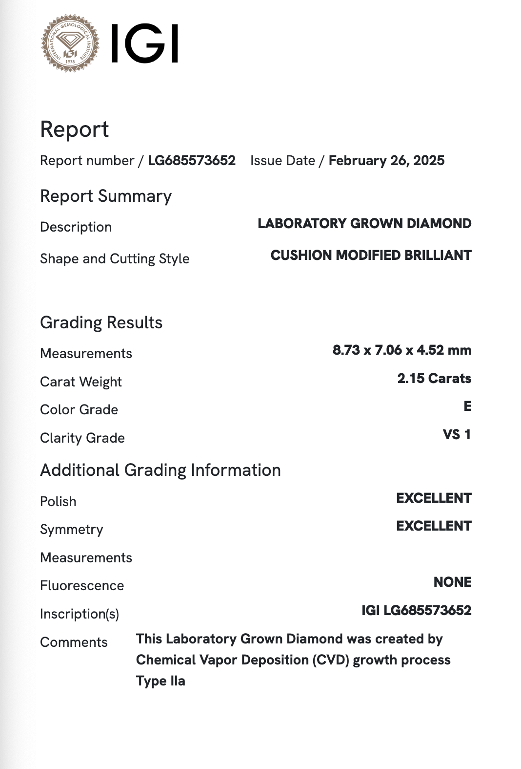 Lab Diamond - Antique (OMC) Cushion 2.15 ct E VS1