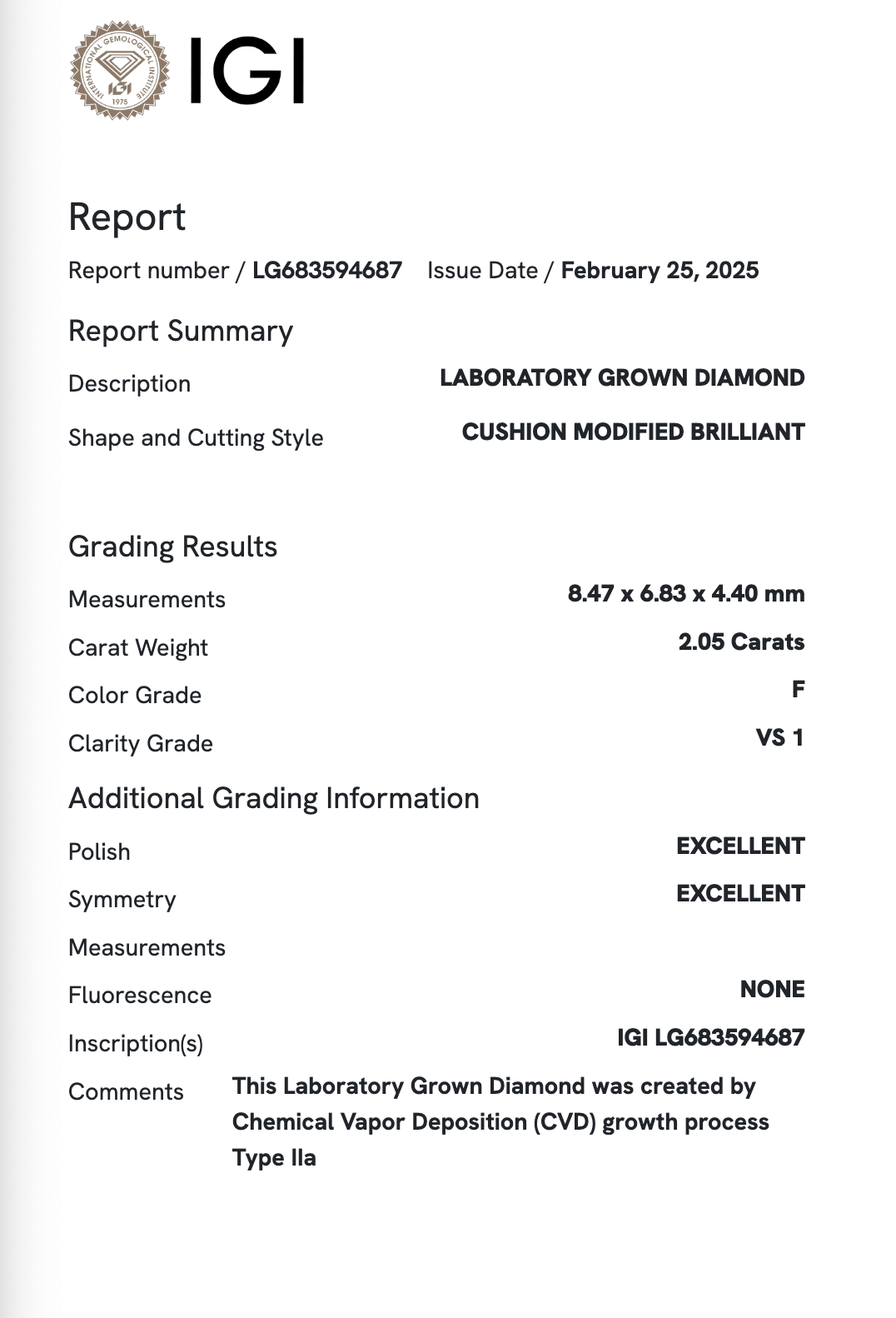 Lab Diamond - Antique Cushion (OMC) 2.05 ct F VS1