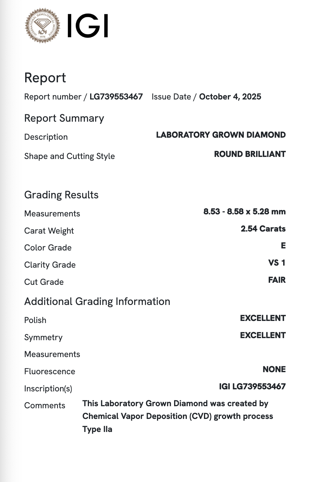 Lab Diamond - Old European Cut Round (OEC) 2.54 ct E VS1