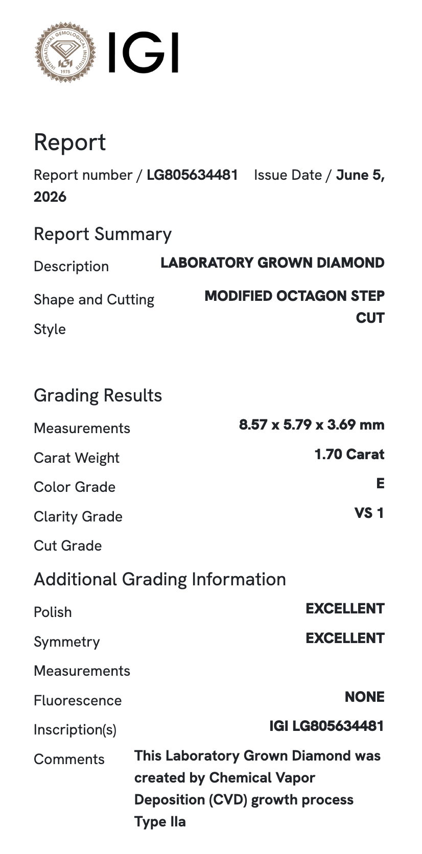 Lab Diamond - Modified Emerald 1.70 ct E VS1