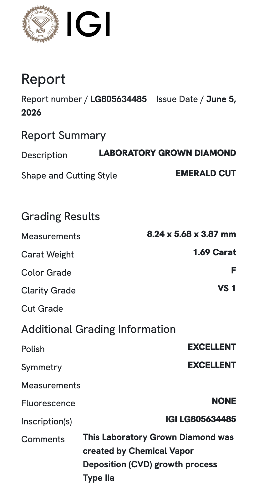 Lab Diamond - Modified Emerald 1.69 ct F VS1