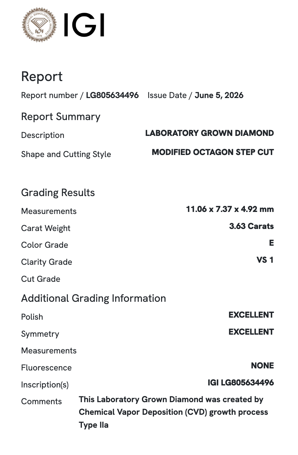 Lab Diamond - Modified Emerald 3.63 ct E VS1
