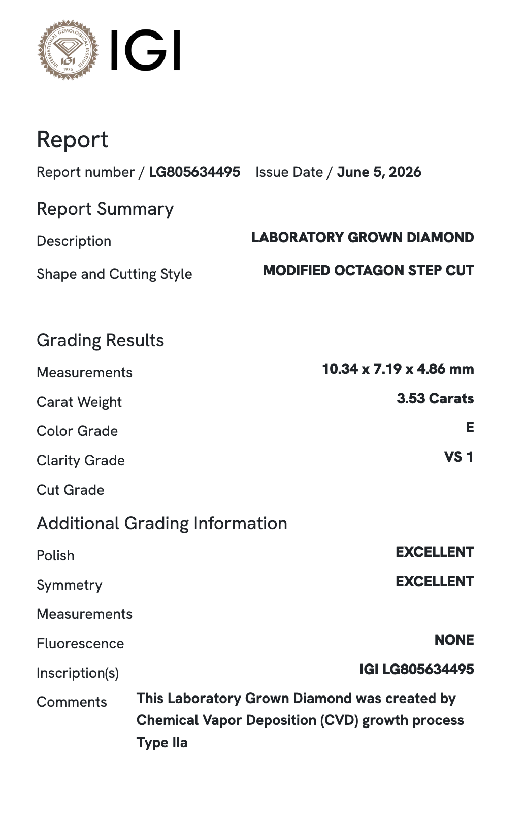 Lab Diamond - Modified Emerald 3.53 ct E VS1