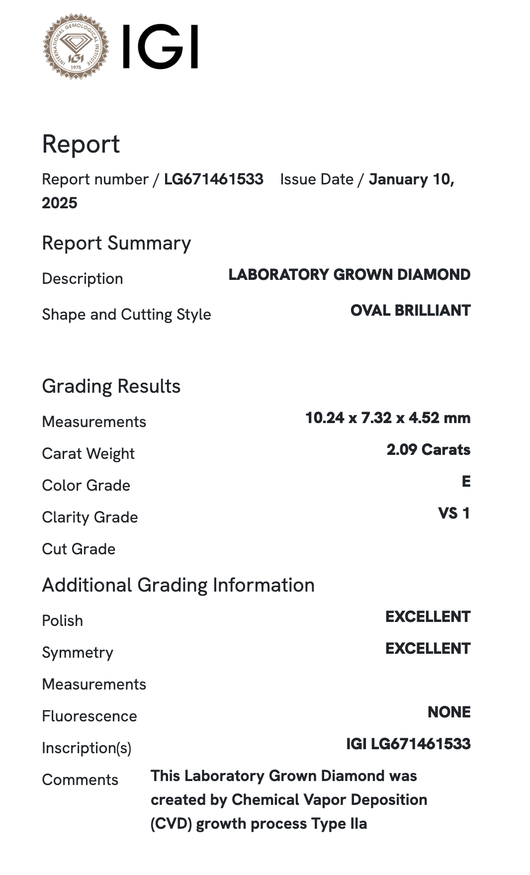 Lab Diamond Solitaire - Oval 2.09 ct E VS1