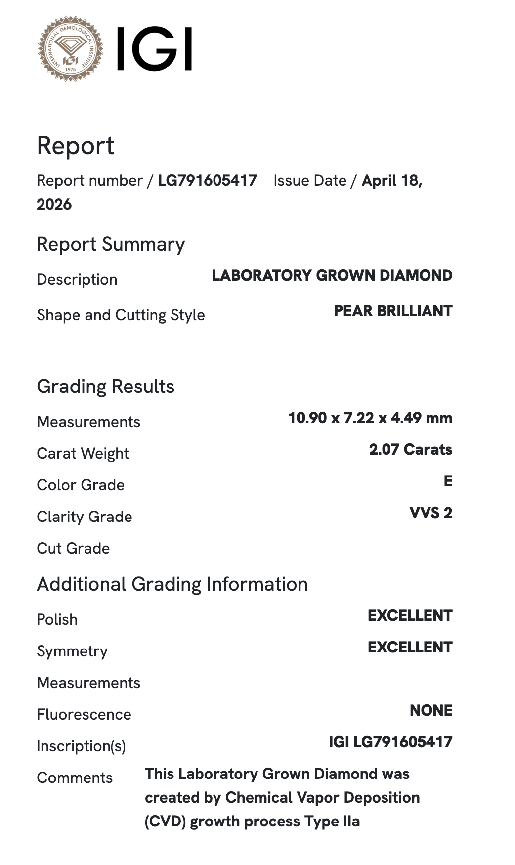 Lab Diamond - Pear 2.07 ct E VVS2