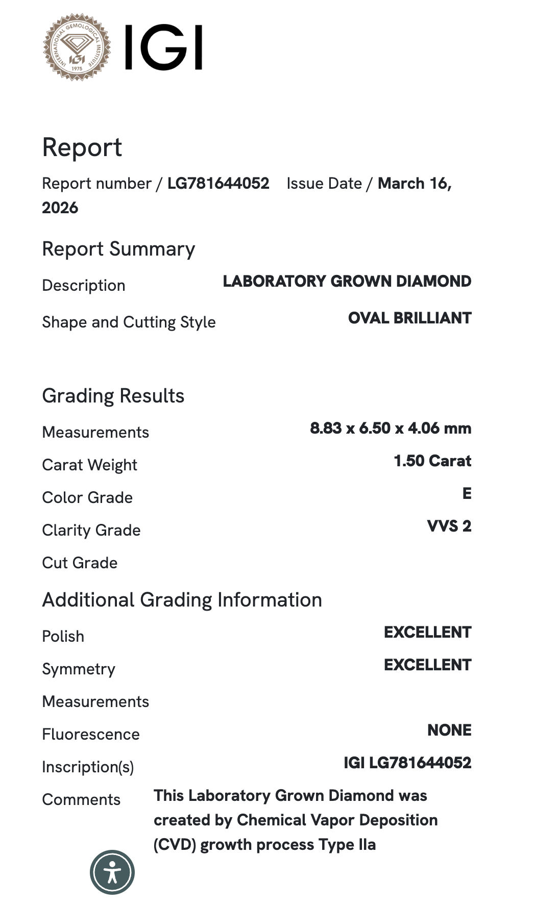 Lab Diamond - Oval 1.50 ct E VVS2