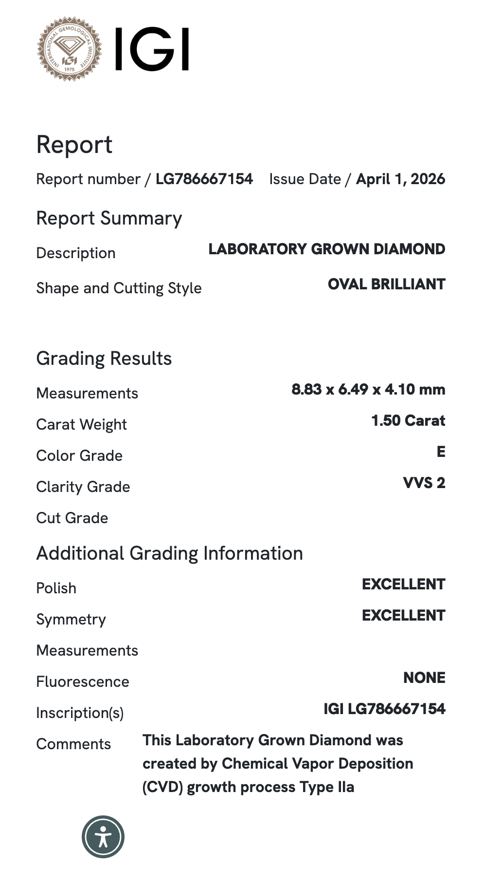Lab Diamond - Oval 1.50 ct E  VVS2
