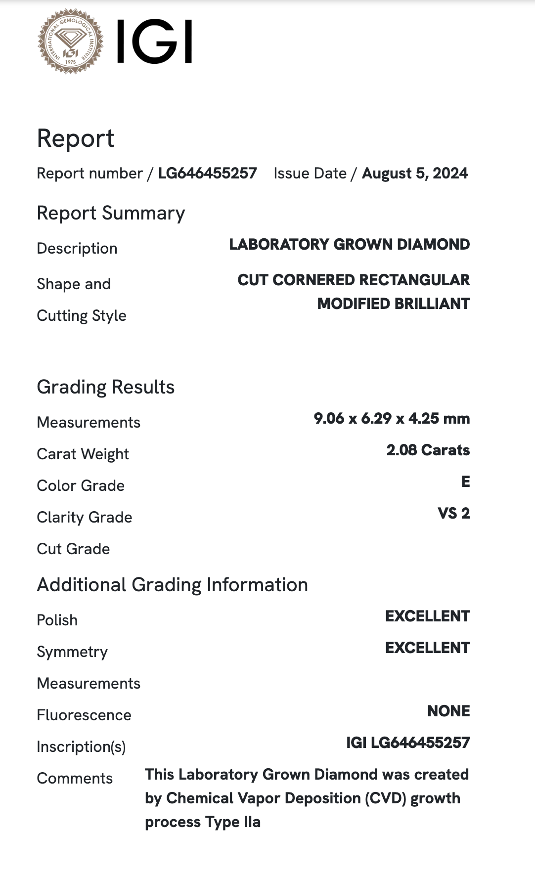 Lab Diamond - Radiant 2.08 ct E  VS2