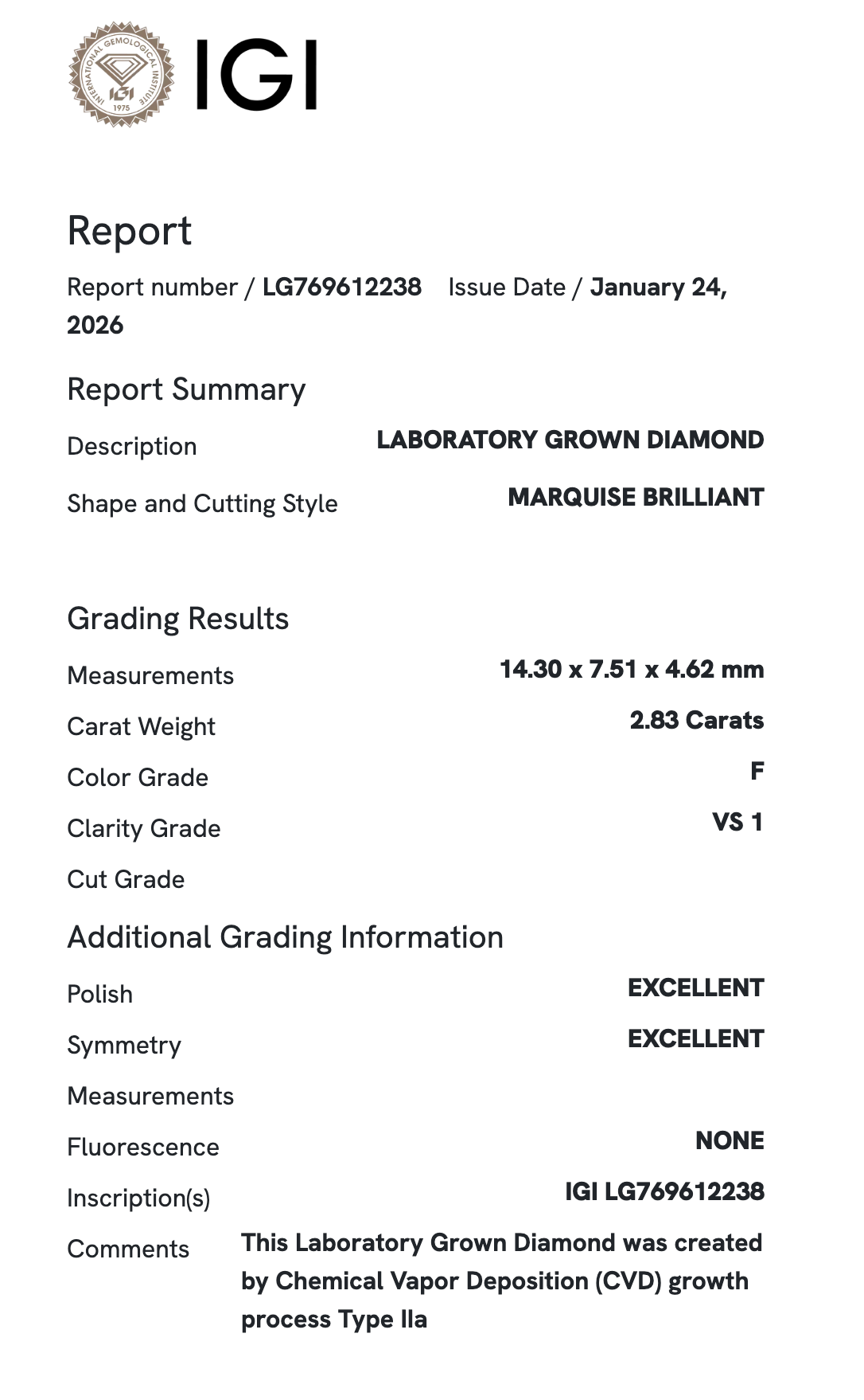 Lab Diamond - Marquis 2.83 ct F VS1