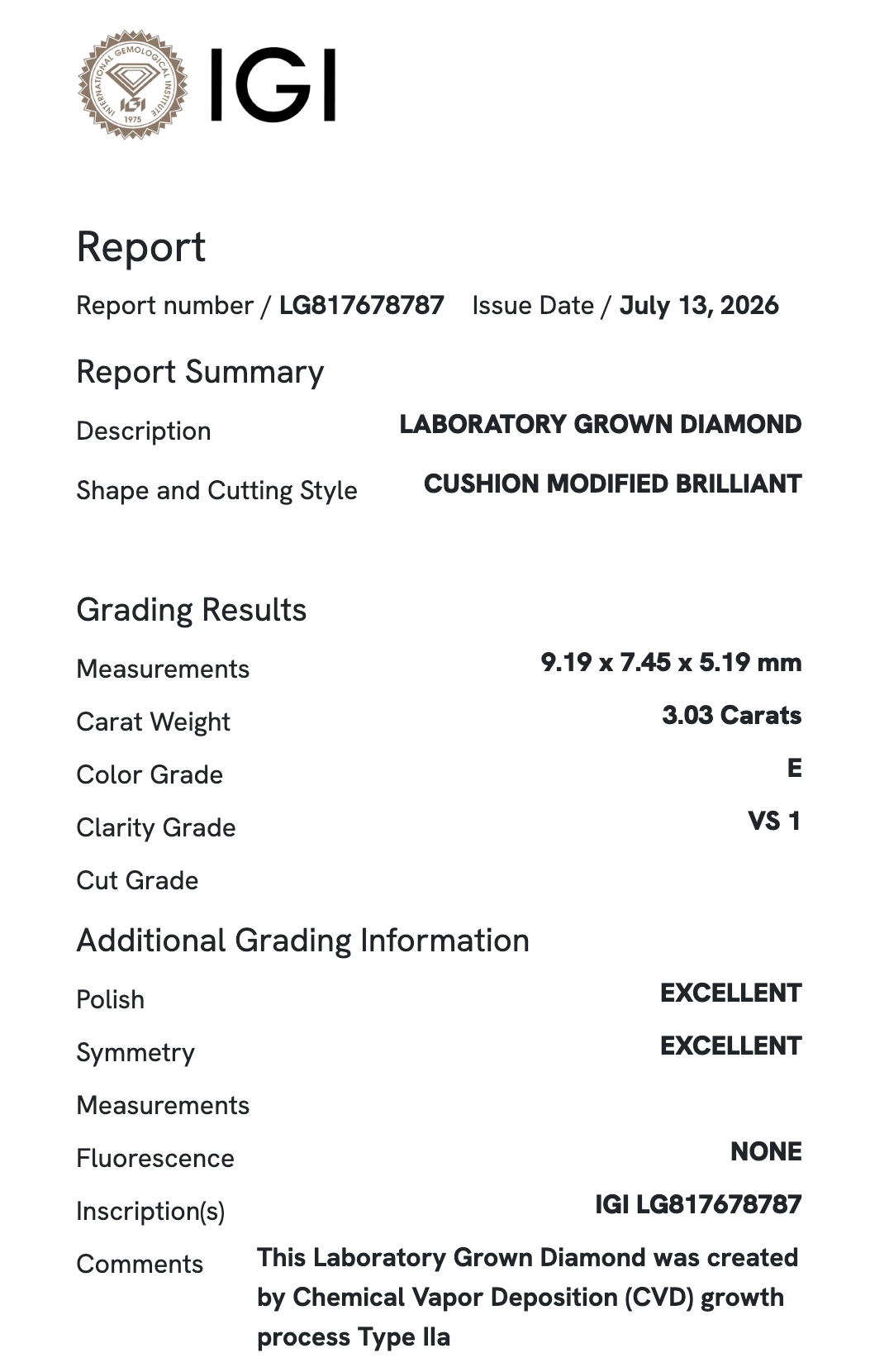 Lab Diamond - Elongated Cushion 3.03 ct E VS1