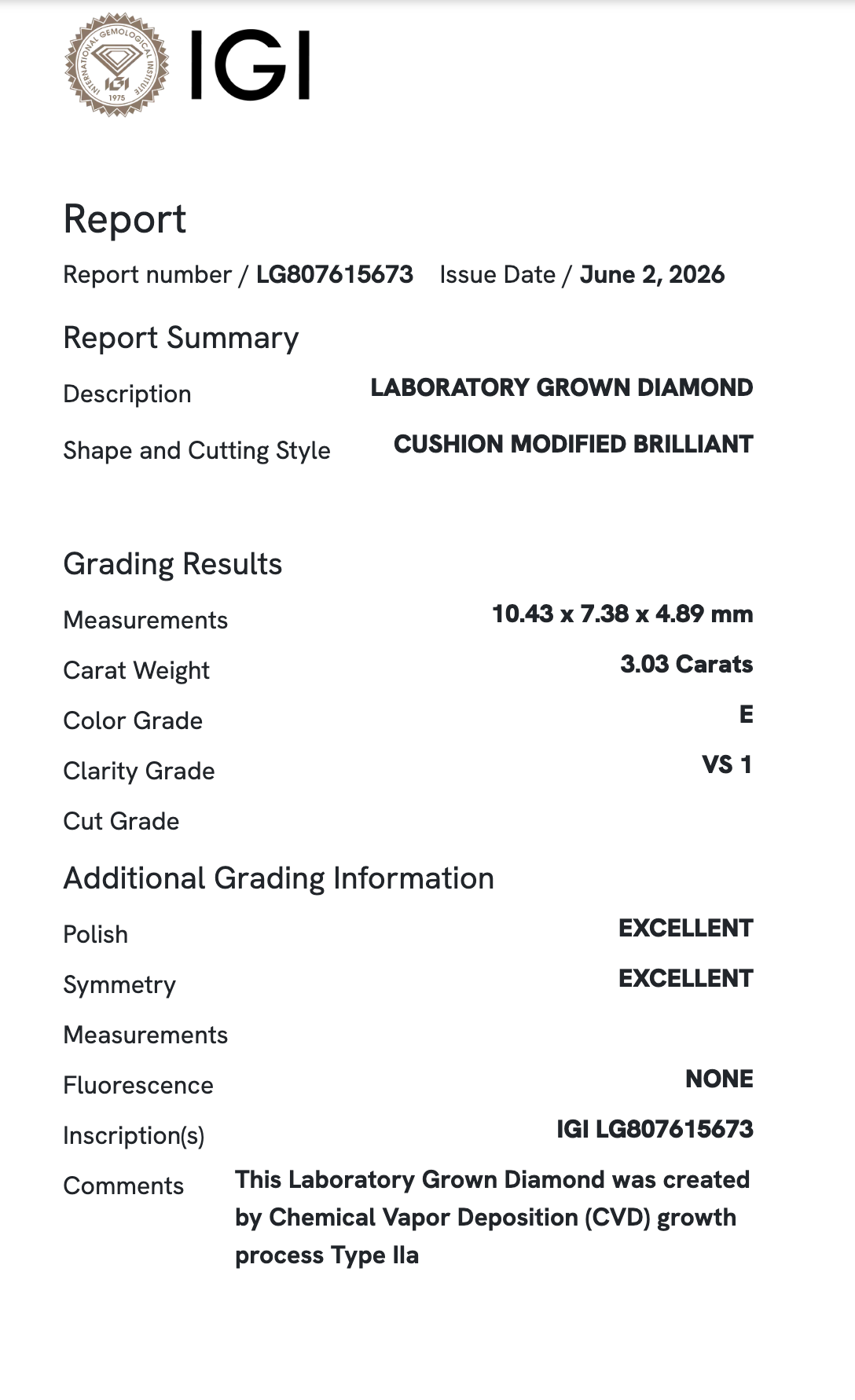 Lab Diamond - Elongated Cushion 3.03 ct E  VS1