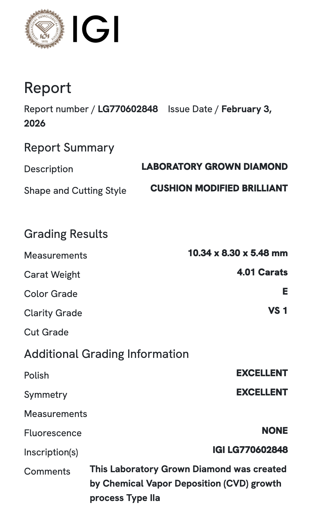Lab Diamond - Elongated Cushion 4.01 ct E VS1