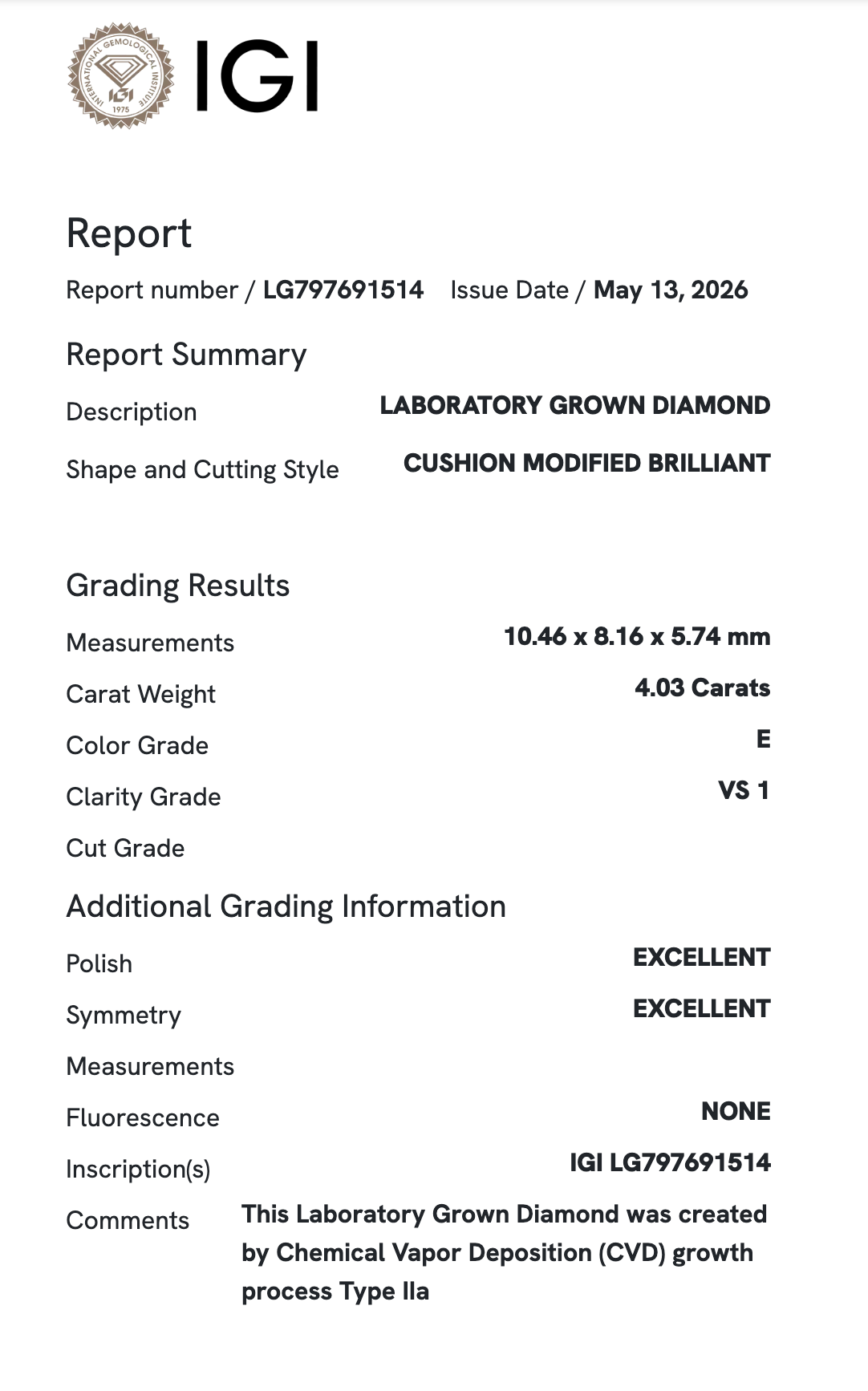 Lab Diamond - Elongated Cushion 4.03 ct E VS1