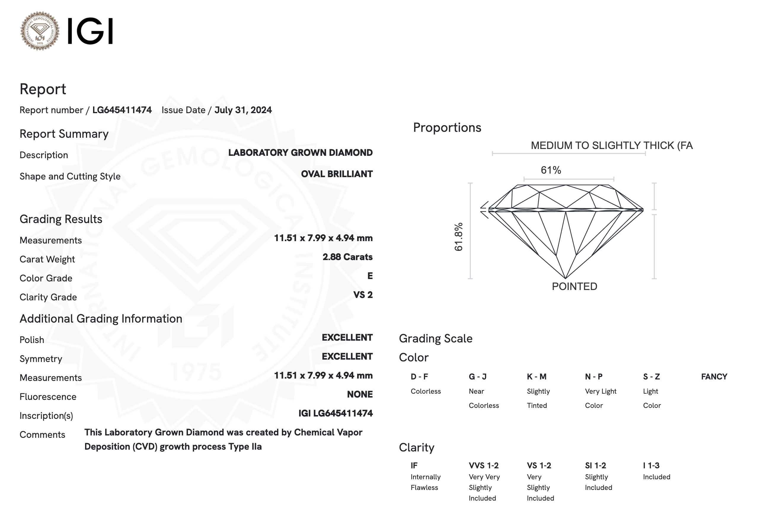 Lab Diamond - Oval Cut 2.88 E VS2