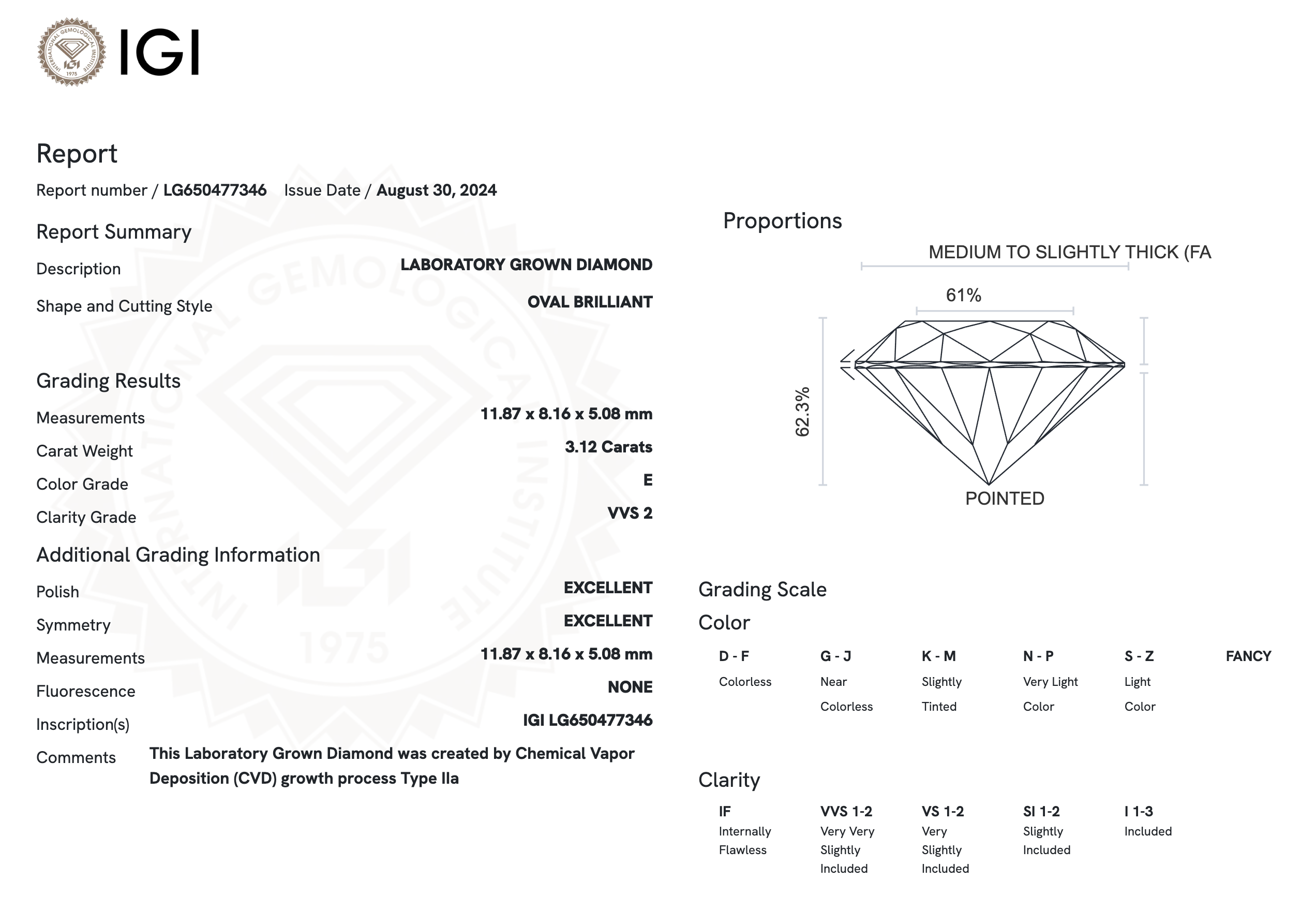 Lab Diamond - Oval Cut 3.12 E VVS2