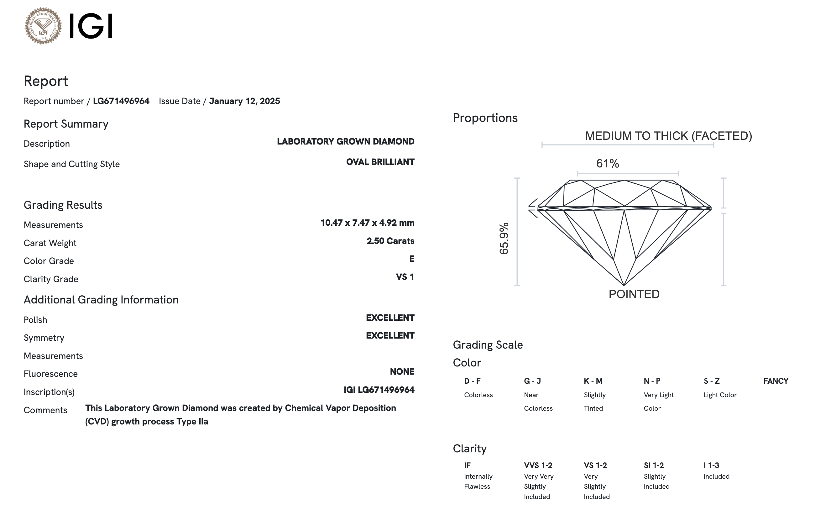 Lab Diamond - Oval 2.50 ct E VS1