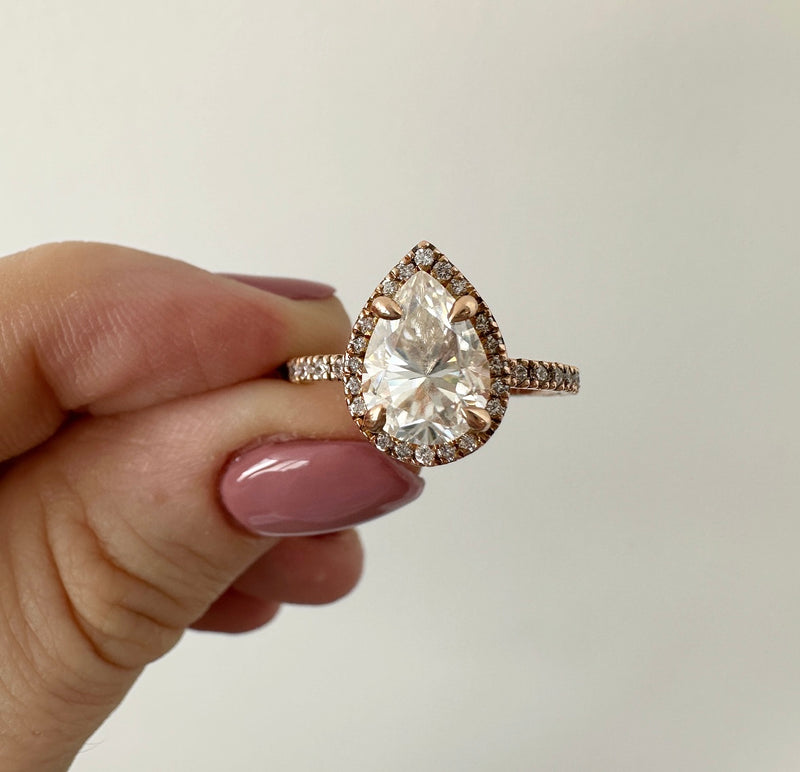 SALE: 1.65 CT Pear Halo Moissanite Engagement Ring